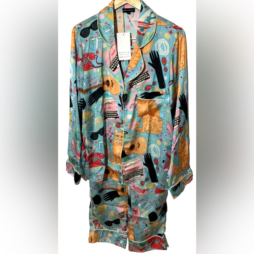 Karen Mabon Blue Charmeuse Cat Print Pajama Loungewear Set Brand New Size Small